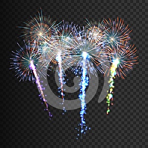 Festive patterned firework bursting in various shapes sparkling pictograms set against black background abstract