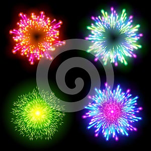 Festive patterned firework bursting in various shapes sparkling pictograms set against black background abstract vector isolate