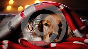 Festive Pets Adorable Dog And Cat Under A Christmas Blanket