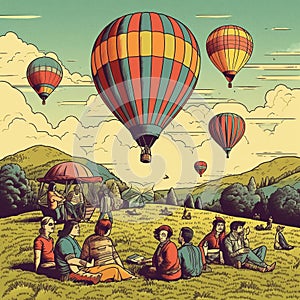 Festive Picnic with Colorful Hot Air Balloons