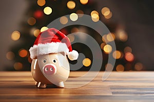 Festive piggy bank wearing a santa hat. Christmas savings and cost. Seasonal budget