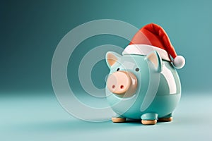 Festive piggy bank wearing a santa hat. Christmas savings and cost. Seasonal budget