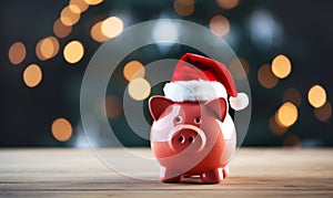 Festive piggy bank wearing a santa hat. Christmas savings and cost. Seasonal budget