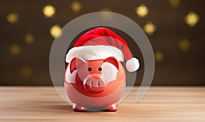 Festive piggy bank wearing a santa hat. Christmas savings and cost. Seasonal budget