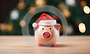 Festive piggy bank wearing a santa hat. Christmas savings and cost. Seasonal budget