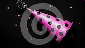 Festive pink party hat with confetti on black background.
