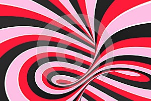 Festive pink, red and black spiral tunnel. Striped twisted lollipop optical illusion. Abstract background. 3D render.