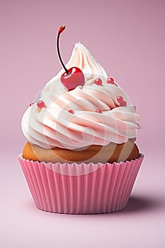 Festive pink vanilla cupcake with cherry on top. Bokeh background, birthday.