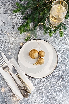Festive place setting for christmas dinner. Top view. Copy space