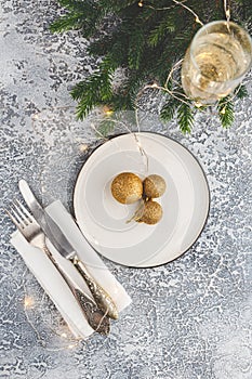 Festive place setting for christmas dinner. Top view. Copy space