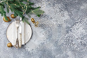 Festive place setting for christmas dinner. Top view. Copy space