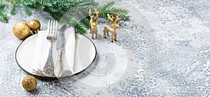 Festive place setting for christmas dinner. Top view. Copy space