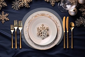 Festive place setting for Christmas eve, New year dinner. Top view to plates and gold cutlery and Christmas decorations
