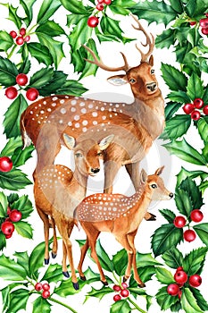 Festive poster with deer and mistletoe, holly Watercolor illustration, floral design