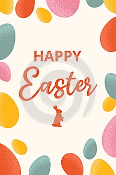 Festive poster for Happy Easter with frame of colorful eggs and text. Ovate geometric forms with grainy textures. photo