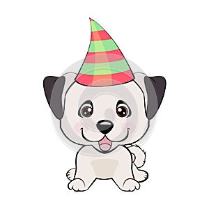 Festive poster. Puppy in a Party hat. Vector illustration.