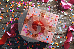 Festive present wrapped in bright pink paper and a shimmering ribbon