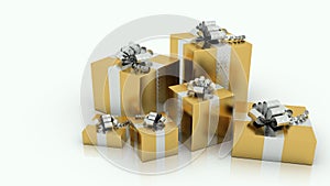 Festive presents with golden paper and silvered ribbon bow