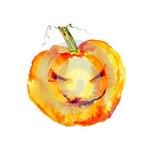 Festive pumpkin smiles on Halloween holiday .Watercolor illustration isolated on white background