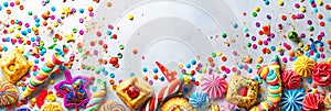 Festive Purim background, Purim attributes, triangular pies, Haman ears, traditional hamantaschen cookies. Banner on a