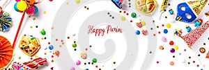 Festive Purim background, Purim attributes, triangular pies, Haman ears, traditional hamantaschen cookies. Banner on a