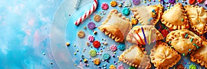 Festive Purim background, Purim attributes, triangular pies, Haman ears, traditional hamantaschen cookies. Banner on a