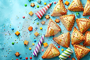 Festive Purim background, Purim attributes, triangular pies, Haman ears, traditional hamantaschen cookies. Postcard on a