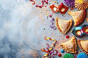 Festive Purim background, Purim attributes, triangular pies, Haman ears, traditional hamantaschen cookies. Postcard on a