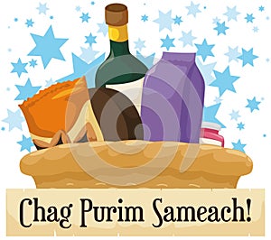 Festive Purim Basket with Snacks, Wine Bottle and Greeting Scroll, Vector Illustration