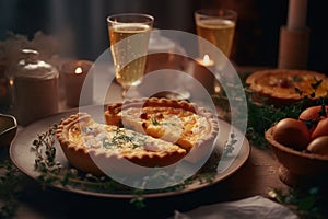 Festive Quiche (pie) with ham, tomatoes, spinach and soft cheese on a white background with a glass of wine.