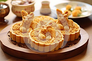 Festive Rabbit chinese traditional mooncake. Generate Ai