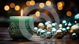 Festive Radiance: Burning Green Candle Amidst Christmas Decorations