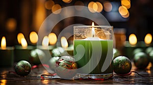 Festive Radiance: Burning Green Candle Amidst Christmas Decorations