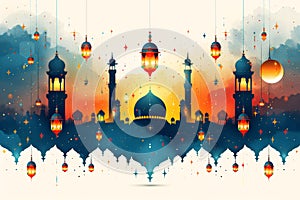Festive Ramadan illustration with mosques and lanterns, perfect for celebration and cultural themes. Card for an Islamic photo