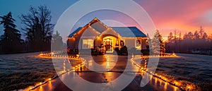 Festive Ranch-style Home with Christmas Lights and Wide Driveway. Concept Holiday Decor,