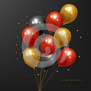 Festive realistic balloons. Celebration design with Black, red, and gold balloons. 3D Vector illustration