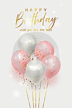 Festive realistic balloons with random flying gold sparkles and glitter confetti. 3d vector illustration