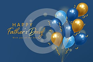 Festive Realistic blue and gold balloons. Happy Fathers Day template, 3D Realistic Vector Illustration