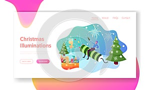 Festive Recreation, Firework Show Landing Page Template. Female Character Sitting on Huge Petard on Winter Landscape