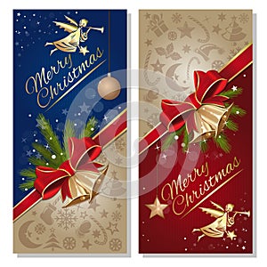 Festive red and blue background with angel and jingle bells. Vec