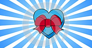 Festive red blue gift box with a red bow and a ribbon in the shape of a heart for Valentine`s Day on a background of blue rays.