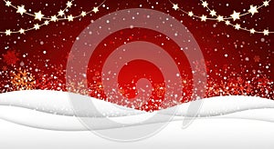 Festive Red Christmas Background with Snow and Star Lights