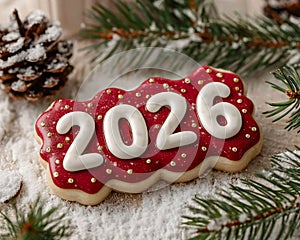 Red Christmas Cookie with 2026 Number and Icing Decoration â Festive Holiday Dessert on Snow with Pine Branches
