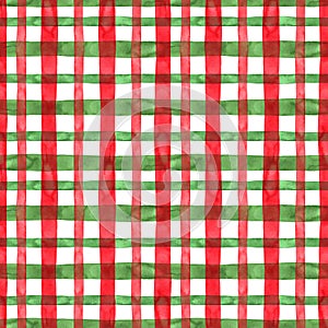 Festive Christmas red and green plaid checkered seamless pattern with white backdrop. Watercolor hand painted stripes and lines.