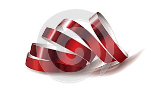 Festive red ribbon on white background. Realistic vector streamers.