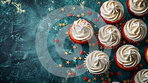 Festive Red Velvet Cupcakes with Cream Cheese Frosting and Golden Star Sprinkles on Dark Textured Background