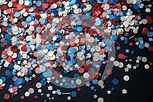 Festive red white and blue 4th July party celebration confetti background. Generative ai