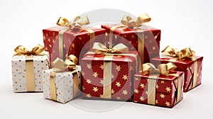 Festive red and white gift presents with red and gold ribbon bows, isolated on white background