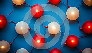 Festive Red and White Light Bulbs Strung Together on a Blue Background for Holiday Decoration