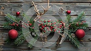 Festive Reindeer Decoration: Fir Branches and Red Ball on Wooden Plank - Christmas Concept